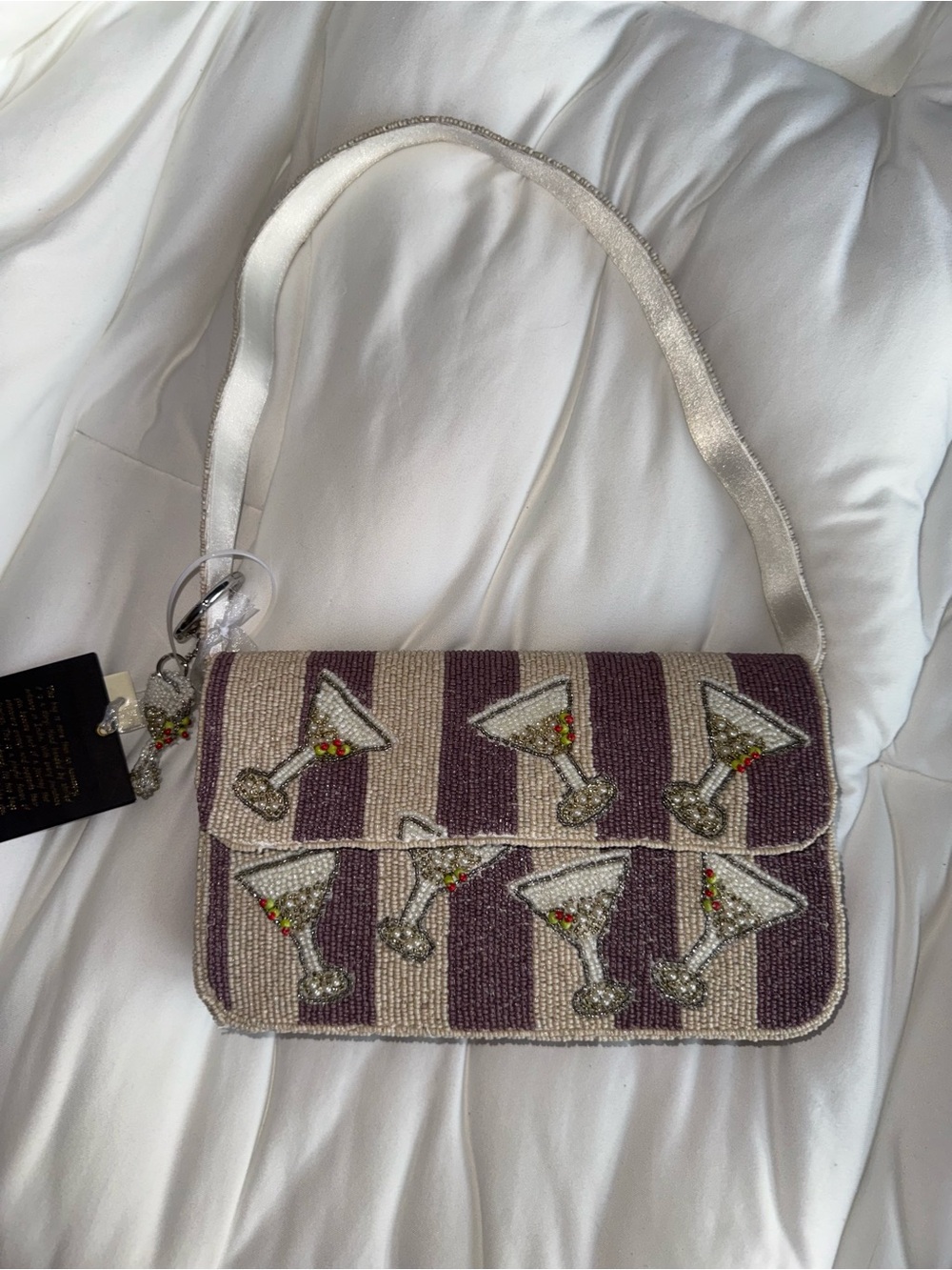 Purple Stripe Martini Beaded Shoulder Bag Handmade in India New with Tags